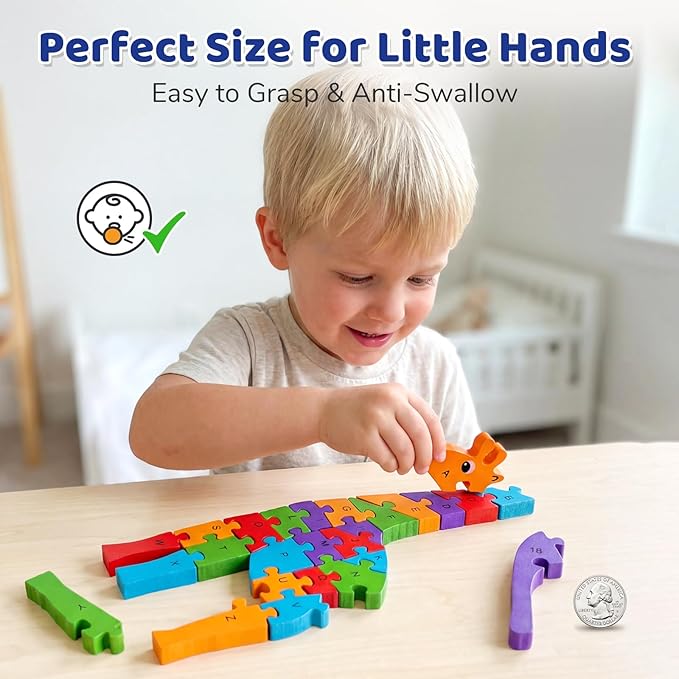 LovesTown Wooden Puzzles for Kids, Double Sided Giraffe Jigsaw with Alphabet & Numbers, Montessori Educational Toy for Toddlers, Chunky Animal Gift (Pack of 2)