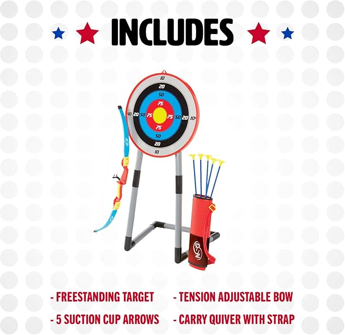 NSG Deluxe Bow and Arrow Set for Kids - Toy Archery Bow with Large Freestanding Target, Suction Cup Arrows, and Quiver
