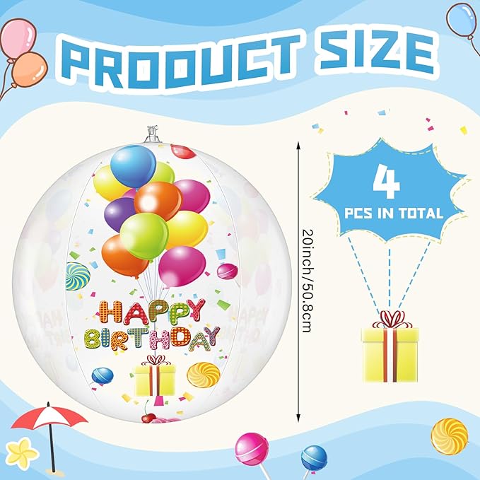 4 Pcs 20 Inch Birthday Beach Ball Clear Inflatable Pool Balls Bulk Large Pool Birthday Party Decorations for Swimming Outdoor Water Games Adults Gift Favor