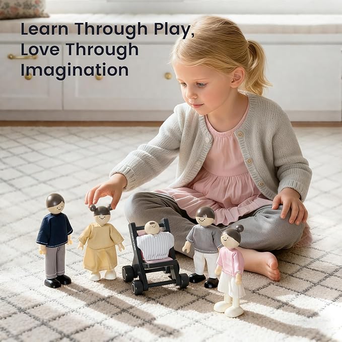 Tiny Land Wooden Dollhouse People Set, 5-Piece Poseable Wooden Doll Family with Dad, Mom, Brother, Sister, Baby and Stroller, Dollhouse Accessories Toy Pretend Play Gift for Kids Ages 3+