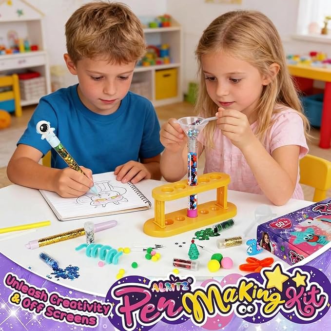 Alritz DIY Pen Making Kit for Kids, Floating Glitter & Pipe Cleaner Craft Kit, Educational Art Toy, Safe All-in-One Supplies, Easter Birthday Party Back to School Gift for Girls and Boys Ages 8-12