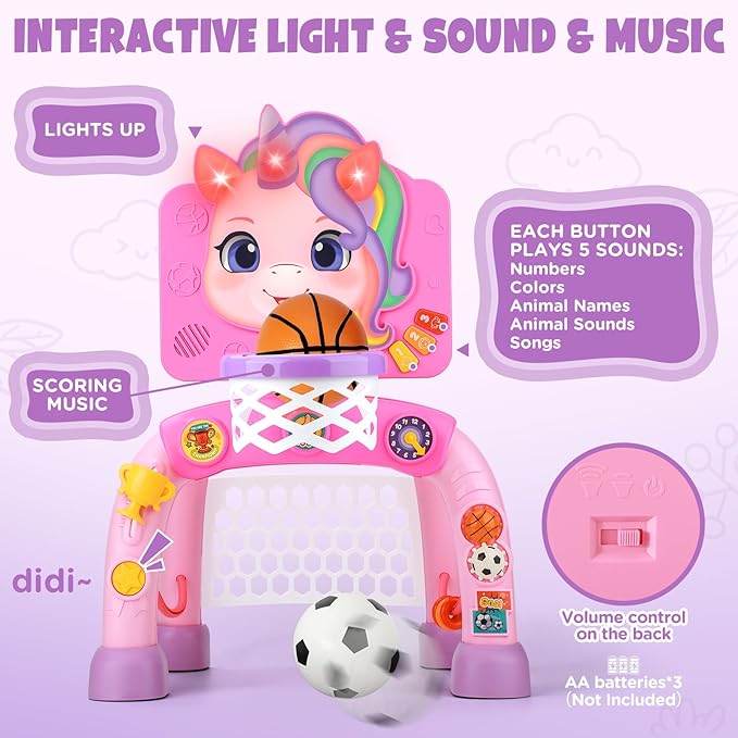 Liberry Toddler Basketball Hoop & Soccer Goal for 1 2 3 Year Old Girls Boys, Kids Sports Toy with Lights Sounds Music, Interactive Christmas Birthday Gift for Baby, Pink