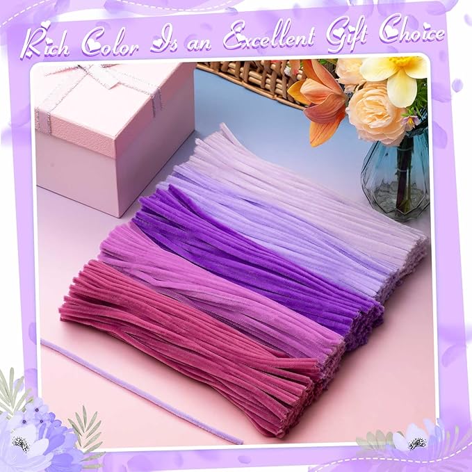 Peryiter 500 Pieces Pipe Cleaners Chenille Stems for Flowers Craft Supplies Bulk Fluffy Fuzzy Sticks for DIY Art Projects Creative Gift Wrapping Party Decorations(Light Purple,12 Inch)