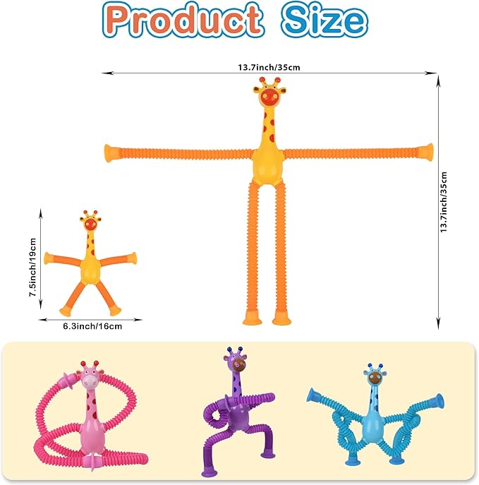 Pop Tubes Fidget Toys, 4-Pack Telescopic Suction Cup Toy for Kids Toddlers, Animal Autism Sensory Toy for Boys Girls, Funny Stocking Stuffers for Christmas Birthday Gift (Giraffe)