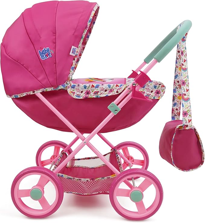 Baby Alive Deluxe Doll Pram - Pink & Rainbow - Includes Handbag, Fits 18" Dolls, Large Canopy, Storage Basket, Bassinet - Pretend Play for Kids Ages 3+