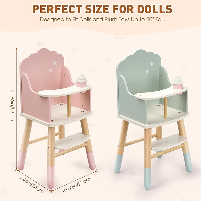 Pithfor Wooden Baby Doll High Chair, Doll Furniture, Fits Up to 18 inch Baby Dolls, 18 inch Doll Accessories - Pink