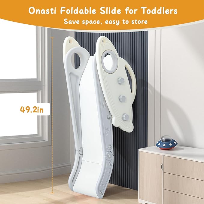 Onasti Kids Slide for Toddlers Age 1-3 Indoor Baby Plastic Slide Outdoor Climber Freestanding Playset with Basketball Hoop & Ring Game Grey