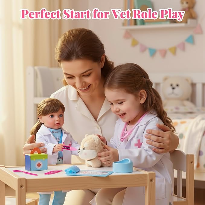 BABESIDE American Realistic Baby Doll Girl - 16-Inch Vet Play Set Dolls with Long Brown Ponytail Complete Toy Accessories for 5+ 6 7 8 9 10 11 12 Years Girl Birthday Gifts, Pretend Play, Christmas