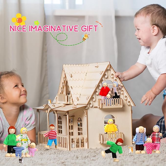 Skylety 20 Pcs Wooden Dollhouse Family Set of 16 Mini People Figures and 4 Pets, Wooden Dollhouse Dolls Cosplay Family Figures Accessories for Pretend Toy(Vivid Style)