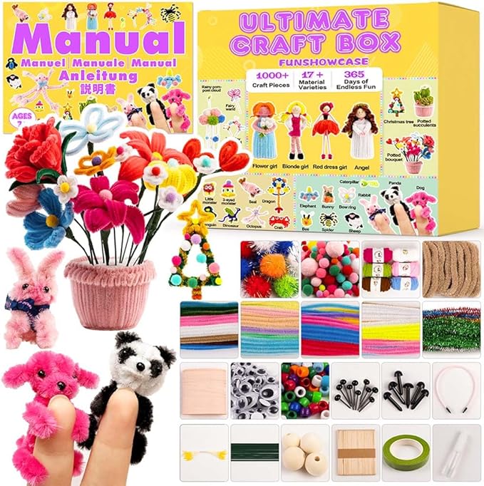 FUNSHOWCASE Craft Box with 1000 Supplies – Pipe Cleaners, Yarn, Pom Poms, Tools