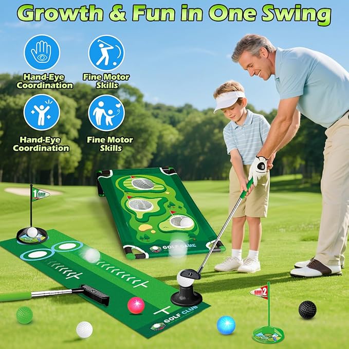 3 in 1 Kids Golf Set with Dinosaur Automatic Golf Returner, Golf Cornhole Board, Led Light Up Balls, Putting Mat, 3-8 Toddler Mini Golf Games, Indoor Outdoor Golf Toys Gift for Boys Girls 3+
