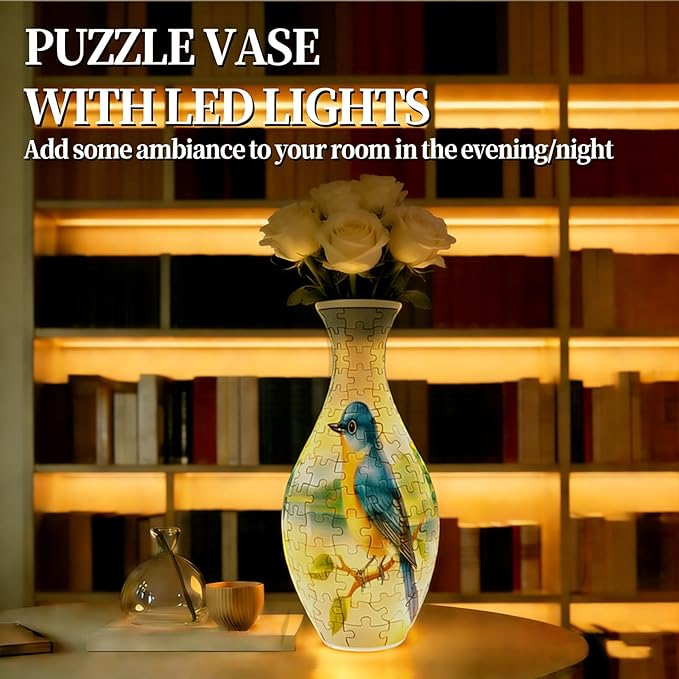 3D Puzzles Vase for Adults, Crafts for Adults, 160 Pieces Plastic DIY Unique Flower Vase with LED Light House Warming Gift Birthday Gifts for Flower Arrangements and Home Decor (Bird)