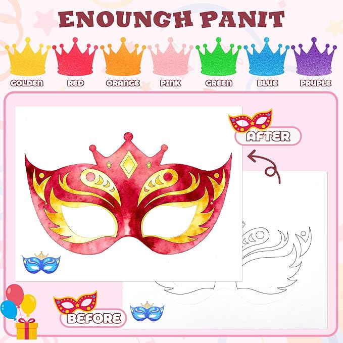 Paint with Water Coloring Books for Kids, 24 Pcs Paper Mache Masks Half Face, Princess Mardi Gras Mask Painting Book, Mess Free Watercolor Painting Kit, Painting Activity for Kids Gifts Ages 3-5 4-8 for Birthday Party Halloween Christmas