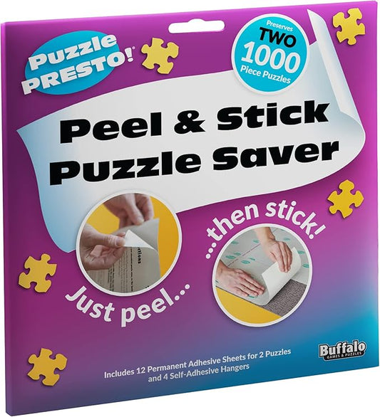 (2 Pack)Puzzle Presto! Peel & Stick Puzzle Saver: The Original and Still The Best Way to Preserve Your Finished Puzzle! 12 Adhesive Sheets and 4 Adhesive Hangars. Preserve Two1000 Piece Puzzles! Multi