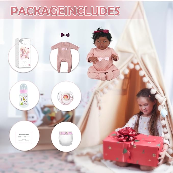 KSBD Realistic Reborn Baby Doll Black Girl – 18 Inch Lifelike African American Newborn, Real Life Handmade Soft Body with Accessories Gift Set for Kids 3+