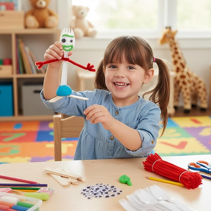 100 Set Fork Creativity Set, Plastic Sporks Red Pipe Cleaners Clever Eyes Popsicle Stick,Make Your own Forky