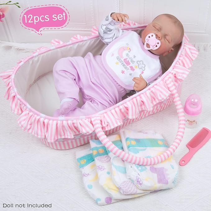 12 Pcs Reborn Baby Doll Clothes Accessories with Bassinet for 17-22 inch Newborn Babydolls Girl Reborn Dolls Accessories Pink Outfit Gift Set