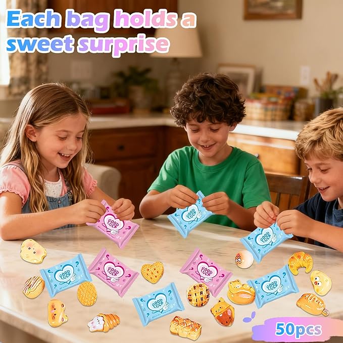 50PCS Mini Food Resin Mystery Blind Bags: Bread, Cookies, Pastries, Donuts Charms for DIY Phone Cases, Slime Charms, Scrapbooking & Craft Projects Party Favors, Classroom Rewards