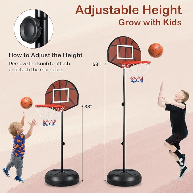 GYMAX Kids Basketball Hoop with Dart Board, 3.2-4.8 FT Adjustable Indoor & Outdoor Toddler Basketball Hoop with Fillable Base & 6 Darts, Toy Basketball Goals for 3 4 5 6 7 8 Years Boys Girls Gift