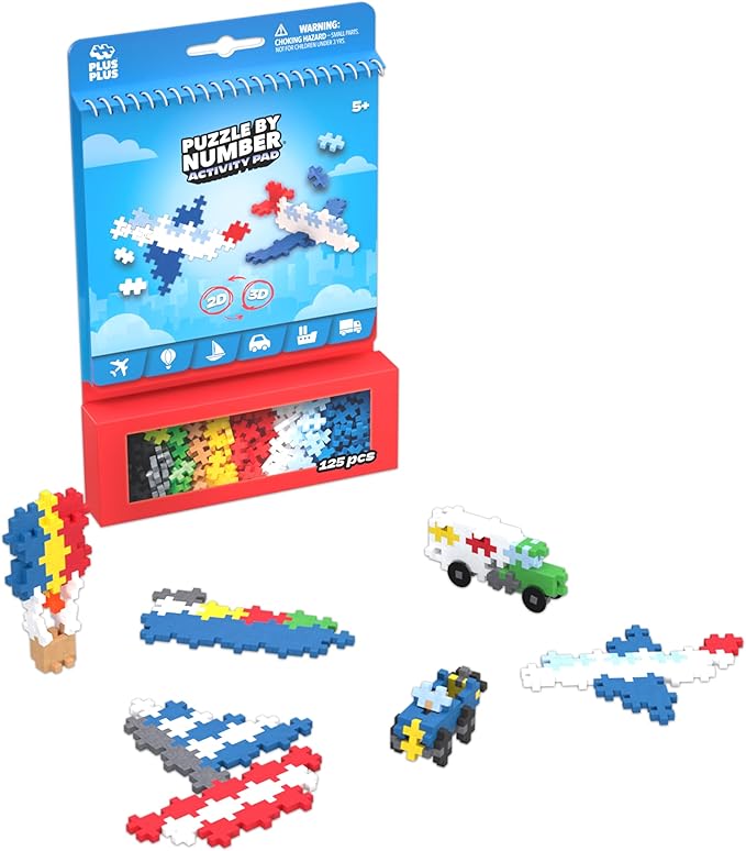 Plus Plus Puzzle By Number Activity Pad, Kids Travel Activities, Interlocking Mini Building Blocks, 3D Puzzle Stem Toy for Kids - Transportation