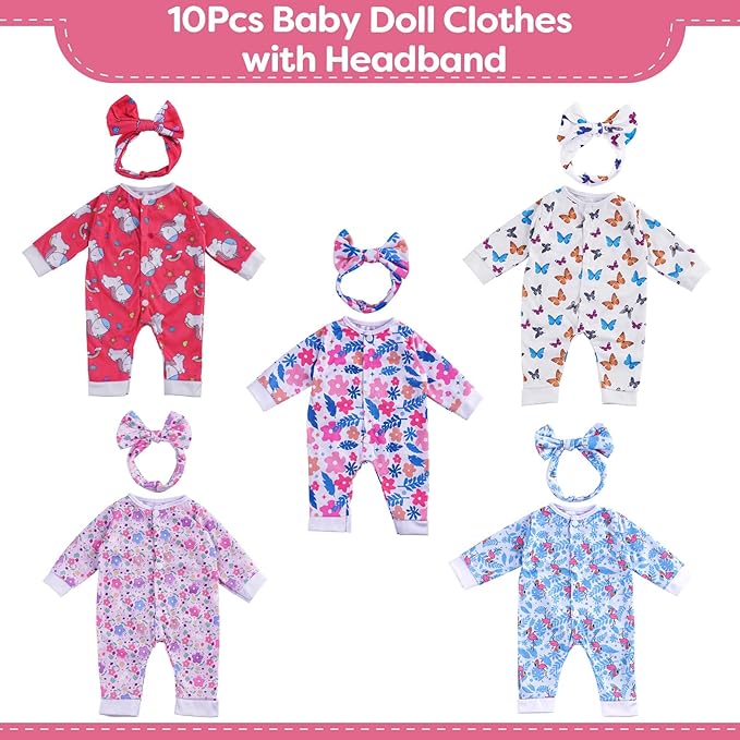BABESIDE Reborn Baby Doll Clothes for 17-22 Inch Dolls, 5 Sets Baby Doll Clothes Outfits Accessories - Romper Suit and Headband for Baby Doll Boy&Girl Kids Age 3+ Gift