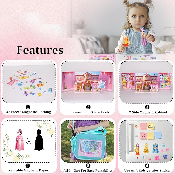 Yuzee Magnetic Dress Up Paper Dolls for Girls Ages 4-7 Princess Game Toys, Magnetic Doll Dress Up Kit Includes 1 Paper Doll and 33 Clothing Accessories with 3D City Building Mall, Girls Dress Up Game