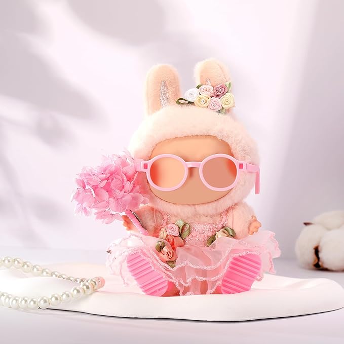 Doll Clothes for Labubu 17cm Have a Seat & Exciting Macaron & Big into Energy Series Dolls, Adorable Chic Dress Set for 17cm Dolls Accessories (Pink Flower Skirt + Hairband)