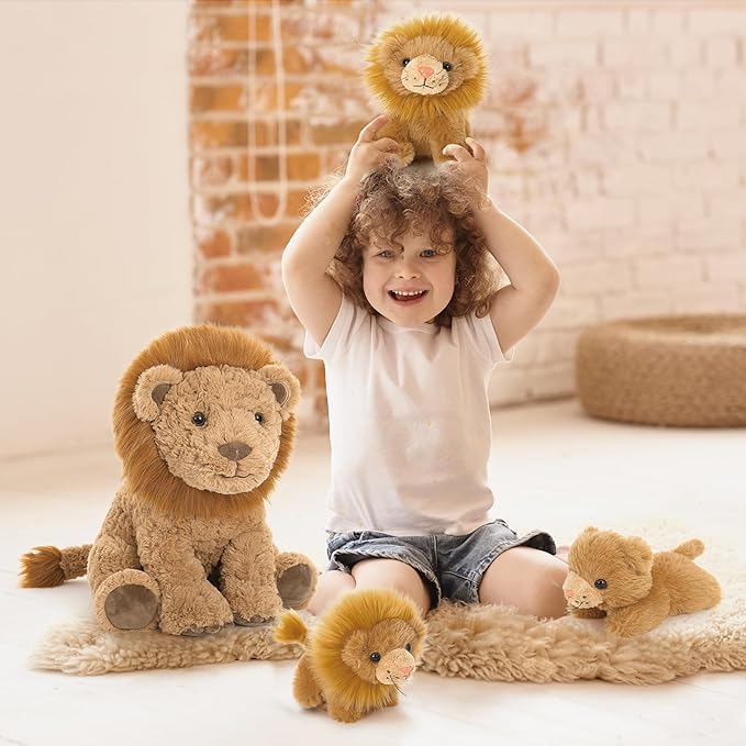 Tezituor 4 Piece Lion Plush Set,18 Inch Large Lion Stuffed Animals with 3 Cute Little Babies, Soft Cuddle Lion Plushies, Lions Stuffy Boys Girls Birthday Valentines Forest Party Decor