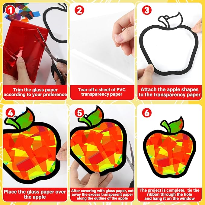 QOUBAI 32 Sets Back to School Apple Suncatchers Craft Kit DIY Window Stained Glass Effect Fall Apples Paper Craft for Home School Classroom Decor Kid Birthday Gifts Creative Art Projects Activity Game