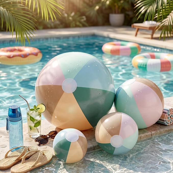 4 Pack Beach Balls in 4 Sizes (24" 16" 12" 8"), Inflatable Pastel Pool Balls for Kids Adults, Summer Beach Party Hawaiian Luau Birthday Party Supplies, Water Toys Gifts(Morandi)