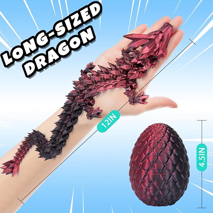 12" 3D Printed Dragon Egg, Mystery Articulated Crystal Dragon Egg Fidget Toys, 3D Print Surprise Animals Toy for Kid Teen Boy Girls (Laser Black and Red)