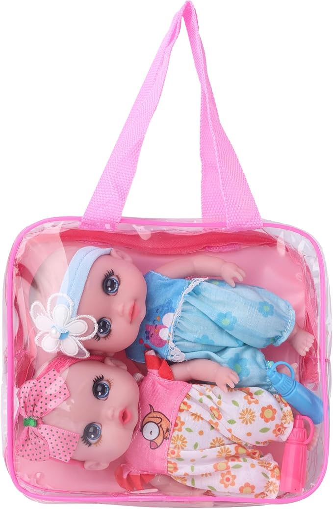 6 Inch Small Baby Doll Handbag Bag Set with Little Bottle，All Vinyl Reborn Baby Dolls Nursing Set for Kids.Easter Baby Doll Kit (Pink & Blue)