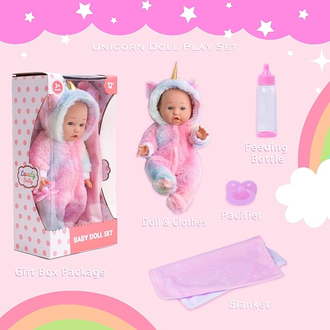 12 Inch Baby Dolls with Unicorn Clothes In Gift Box, With Doll Accessories Unicorn Onesie Clothes Feeding Bottle Pacifier Blanket, Play Set Toy for 3 4 5 6 Years Toddlers, Christmas Birthday Ideal
