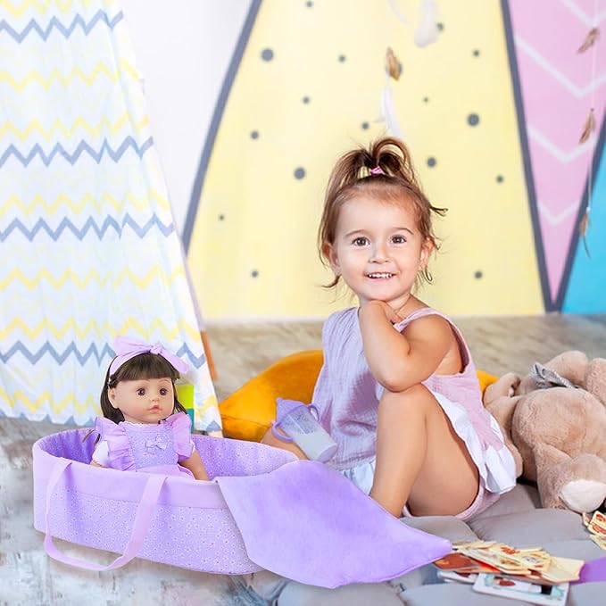 11 Pcs Baby Doll Clothes with Purple Floral Design Baby Doll Bassinet & Accessories for 16-18 Inch Baby Doll, Baby Doll Clothes Outfit Accessories Fit Reborn Baby Doll