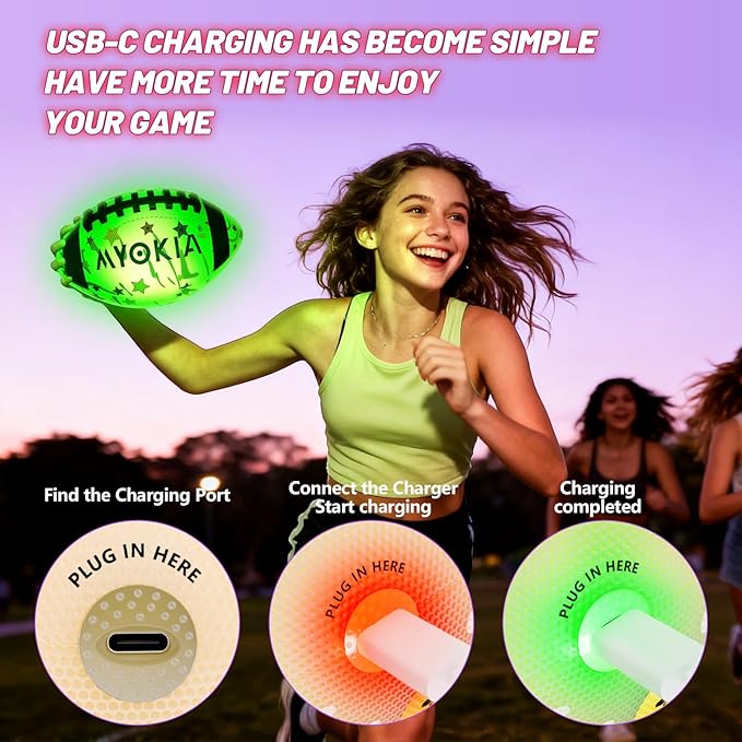 RGB Rechargeable Waterproof Light Up Football Birthday Gift for Kids & Teens 3-15+, Glow in The Dark Ball with Pump & USB Cable, Tri-Color (Red, Green, Blue), Size 6, Outdoor Night Games
