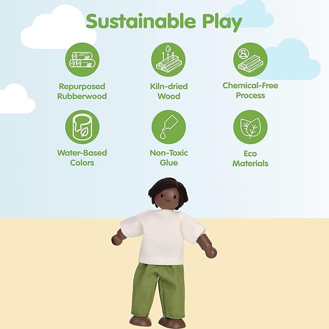 PlanToys® Father Wooden Dollhouse Figurine | Poseable 1:12 Scale Mini Doll (5 Inch) | Dollhouse Accessories for Pretend Play | Eco-Friendly Montessori Toy for Kids Ages 3+