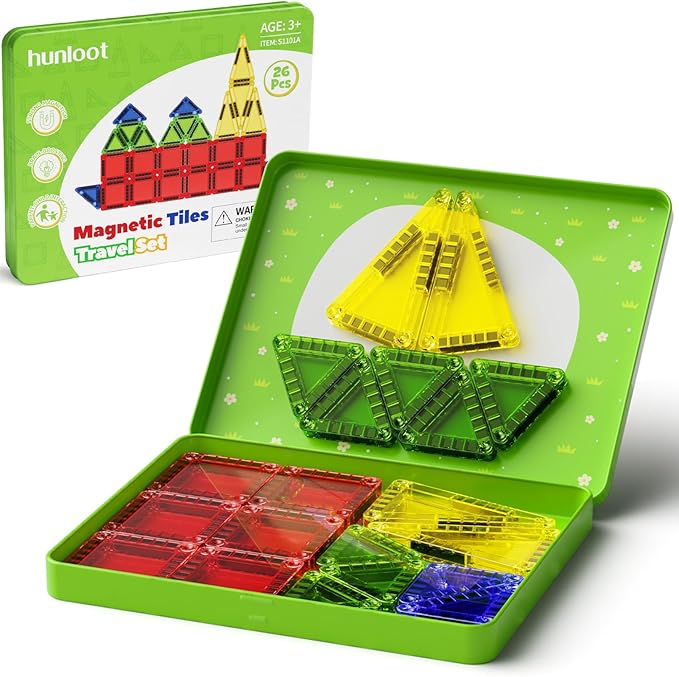 Mini Magnetic Tiles - 26PCS Travel Magnetic Building Set with Storage Iron Box, STEM Educational Toys for Kids Ages 3+ Portable Construction Toys for Toddlers Boys & Girls