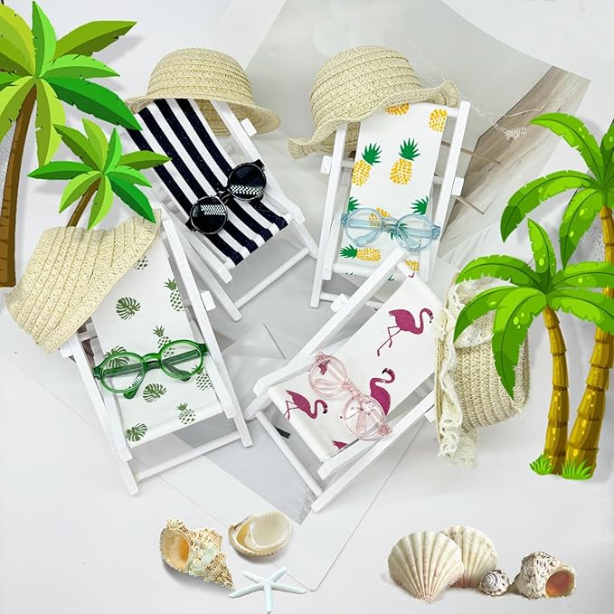 Doll Accessories Compatible with Labubu, 15cm/17cm Doll Chair,Mini Wooden Folding Beach Sunbath Chair with Sunglasses & Straw Hat,No Doll