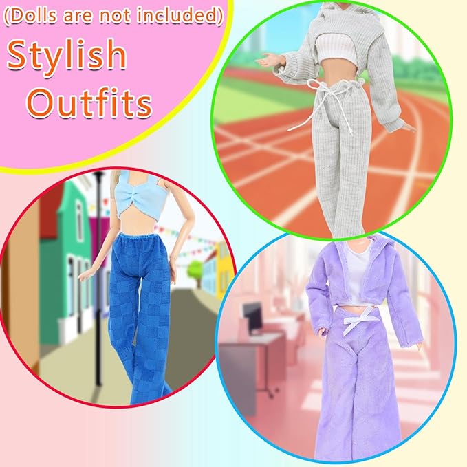 3 Sets Handmade Doll Clothes for 11.5 inch Girls Dolls Accessories, Spring Summer Winter Sport Style Outfits with Pants & Shoes (Blue/Purple/White)
