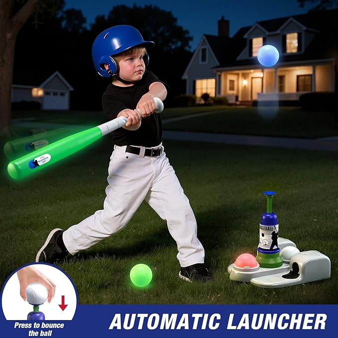QDRAGON 2 in 1 T Ball Sets for Kids 3-5 5-8, Tee Ball Set with Automatic Pitching Machine/Adjustable Batting Bat & Stand/6 Balls, Baseball Toys Outdoor Sport for Toddlers Boys