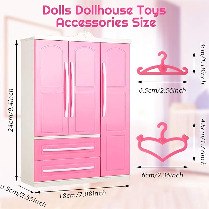 Doll Closet Furniture Wardrobe Clothing Organizer Doll Open Wardrobe Dollhouse Closet with 20 Pieces Hangers 2 Style Pink Plastic Hangers Dollhouse Furniture Accessories(Classic Style)