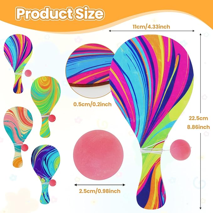 Psychedelic Paddle Ball Set of 16 – Vintage Wooden Paddle Ball with String | Retro 90s Party Favors, Carnival Prizes & Fun Desk Game for Adults – Indoor Outdoor Game