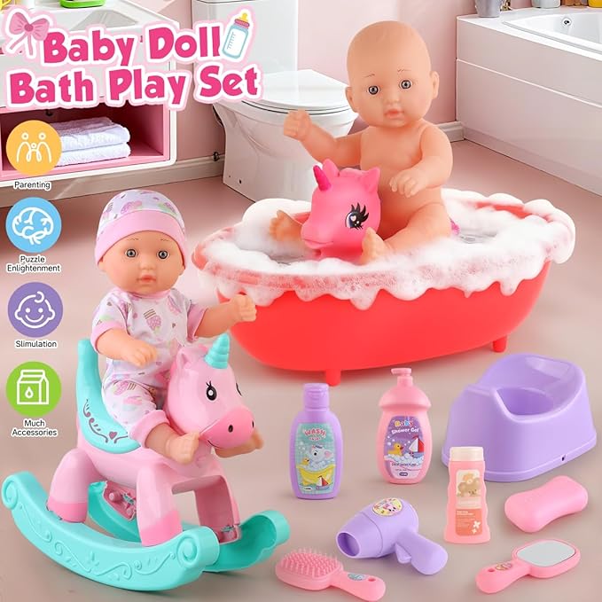 Baby Doll Bath Toys Set with Bathtub, 11" Baby Dolls, Rocking Chair,Swimming Ring, 2 Sets Baby Dolls Clothes and 15 PCS Doll Accessories.Perfect Pretend Play Toddler Toy Gift for Girls Aged 3 4 5 6.