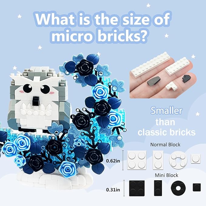 2 in 1 Micro Bricks Bird, Owl & Eagle with Black Roses Flowers moon Building set, Animals with Moon Flowers Mini Building Blocks Toy, Gothic Home Decor, Goodie Bags Stuffers, Birthday Party Favors
