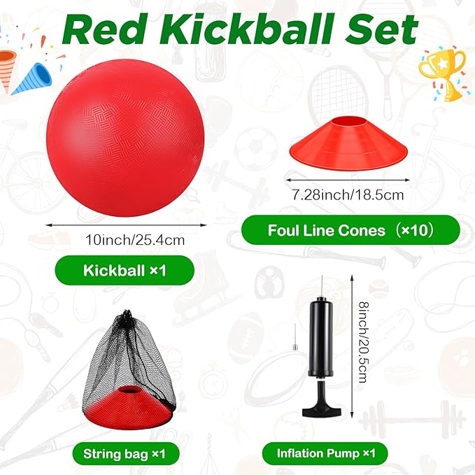 Hiboom 16 Pcs Sports Kickball Set Includes 10 Inches Playground Ball 5 Rubber Throw Down Bases Ball Pump 10 Foul Line Cones for Kids Adults Playground School Backyard Game Camps Picnic