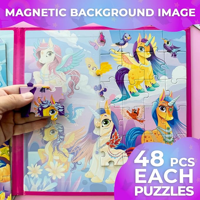 QUOKKA Magnetic Puzzles for Toddlers 3-5 – 2x48 Pieces Travel Games for Kids Ages 2-4 – Unicorn & Mermaid Learning Magnetic Puzzles for Kids Ages 4-8 – Educational Puzzle Gift Toy for Boys and Girls