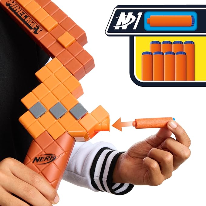 Nerf Minecraft Bow Dart Blaster, Pull-Back String Priming, 8 N1 Darts Compatible Only N1 Dart Blasters, Ages 8+