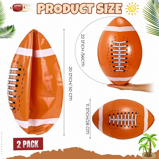 2 Pack 20 Inch Inflatable Footballs, Blow up Football Beach Balls Birthday Party Decorations, Party Favors for Summer Swimming Pool Beach Game