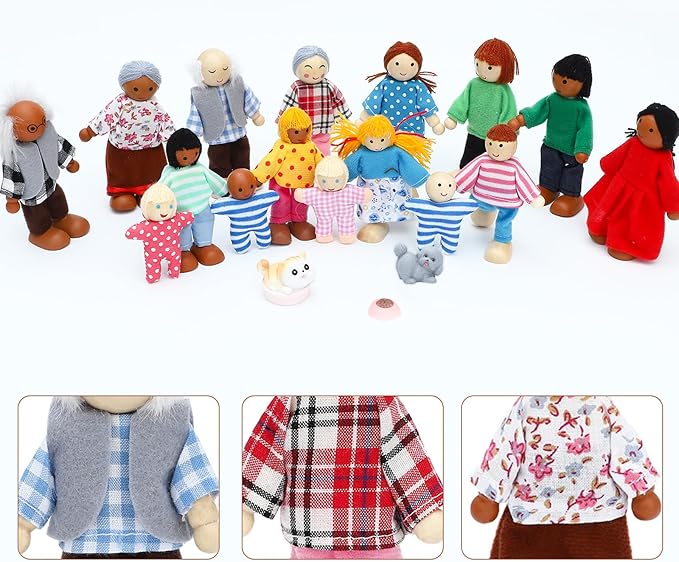 ONEST 19 Pieces Wooden Dollhouse Family Set Mini People Figures Sets Dollhouse Dolls Wooden Doll Family Pretend Play Figures Accessories for Pretend Dollhouse