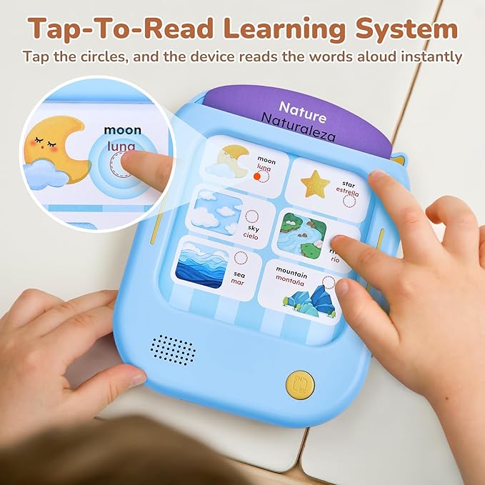 JoyCat Bilingual Kids Learning Tablet, 106 Pages Spanish & English Talking Cards with 20 Interactive Games, Montessori Toy for Alphabet, Words, Numbers, Colors & Songs, Learning Gifts for Toddler 2-6